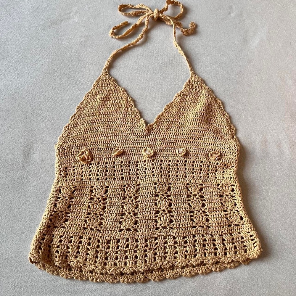 Anchor Blue crochet haltertop seashell button Y2K summer boho hippie vintage
